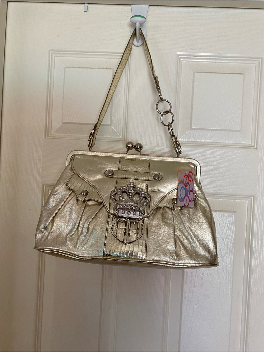 Metallic Gold Crown-Embellished Women’s Shoulder Bag